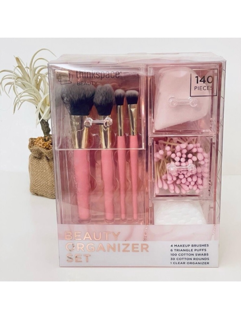 NWT Thinkspace Beauty 140 Pieces Clear Pink Organizer Set 4 Brushes, Cotton etc